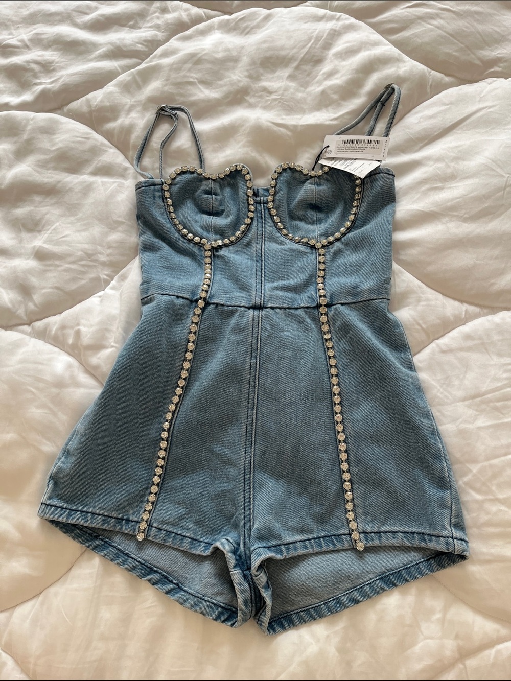 Nasty Gal Heart Embellished Bustier Denim Romper NWT